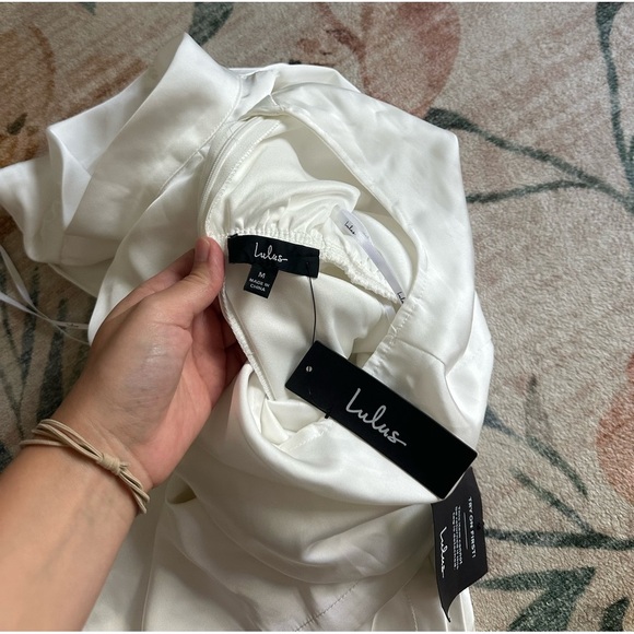 LULU’S Classic Elegance White Satin Sleeveless Mock Neck Mini Dress - Picture 7 of 7